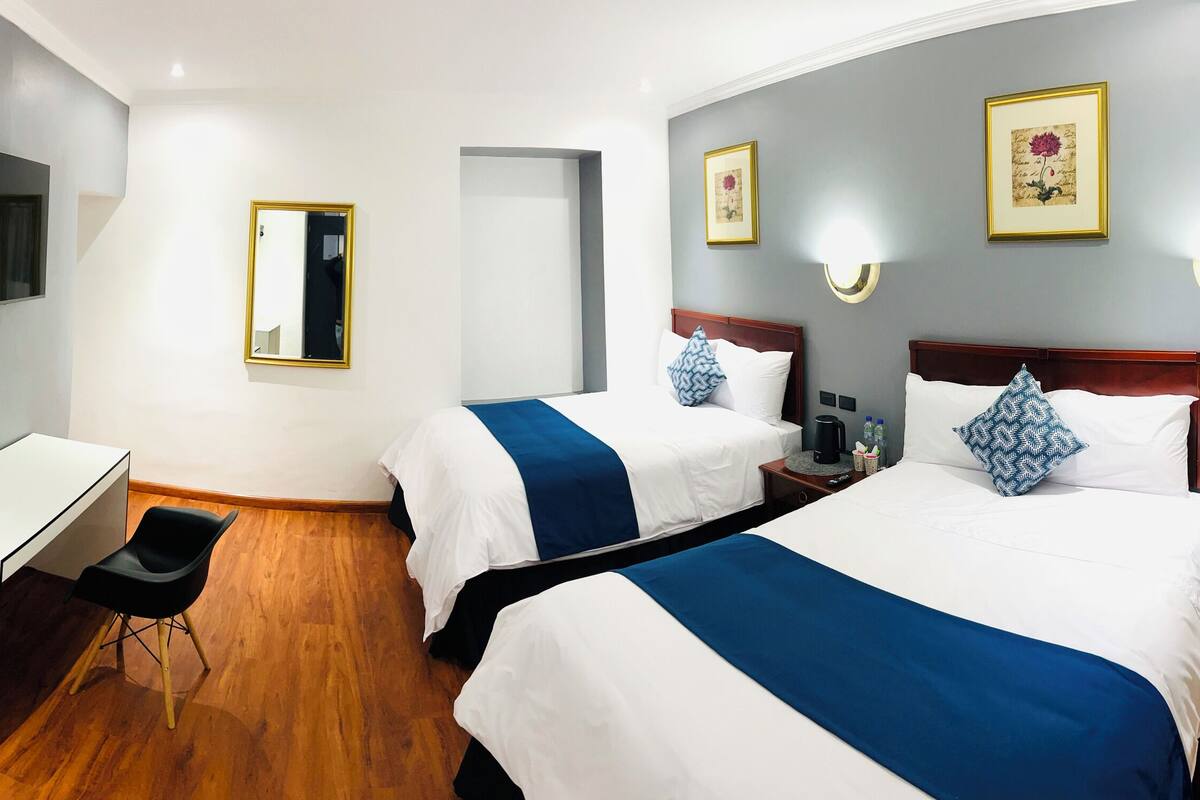 Een hotelkamer met twee bedden, een bureau, een stoel, een televisie en een spiegel.