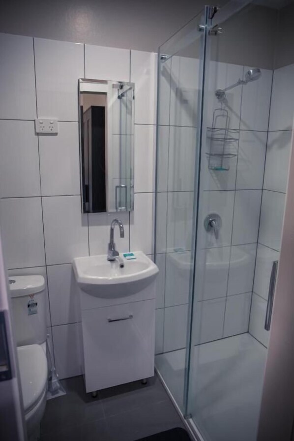 A modern bathroom with a glass-enclosed shower, a white sink, and a mirror above it. - Grand Hotel Mt Morgan (Mount Morgan)