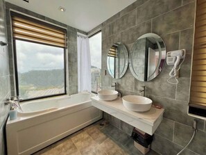 Shower, hair dryer, bidet, towels