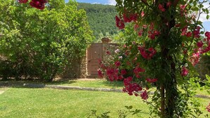 Un jardín con muro de piedra, césped verde exuberante y plantas en flor.