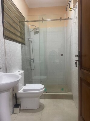 Regadera, secadora de cabello, toallas, jabón 