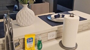 A modern kitchen with a stainless steel sink, a white vase with a plant, a roll of paper towels, and cleaning supplies. - Cozy and Clean 1 Bedroom Apt centrally located in Downtown Birmingham, Near UAB (Birmingham)