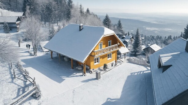 Una cabaña de madera con techo nevado y un balcón, rodeada de un paisaje invernal y árboles.