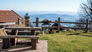 Un patio con cerca de madera, una parrilla y vistas a montañas distantes.