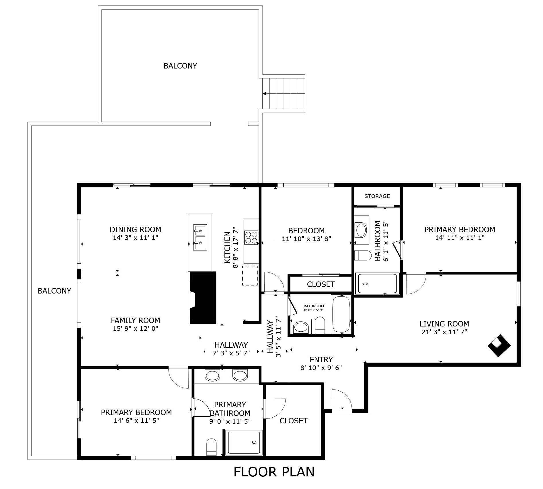 Ein Grundriss mit Esszimmer, Familienzimmer, Hauptschlafzimmer, Wohnzimmer, Küche, Bad, Abstellraum, Eingangsbereich, Flur und Balkon.