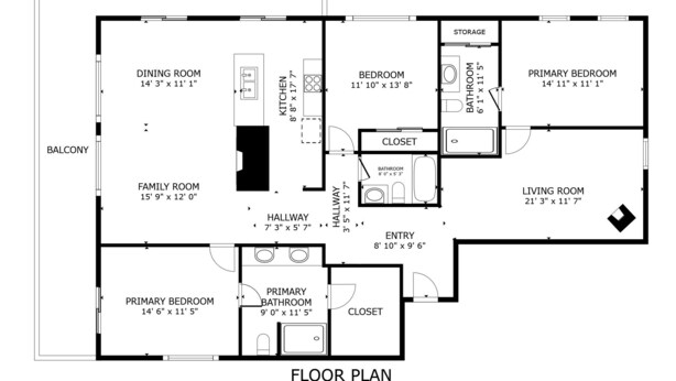 Un plan d’étage comprenant une salle à manger, un salon familial, une chambre principale, un salon, une cuisine, une salle de bain, un placard, un hall d’entrée, un couloir et un balcon.