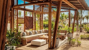 Ein Sitzbereich im Freien mit einer Holz-Pergola, gepolsterten Sitzgelegenheiten und Blumentöpfen.