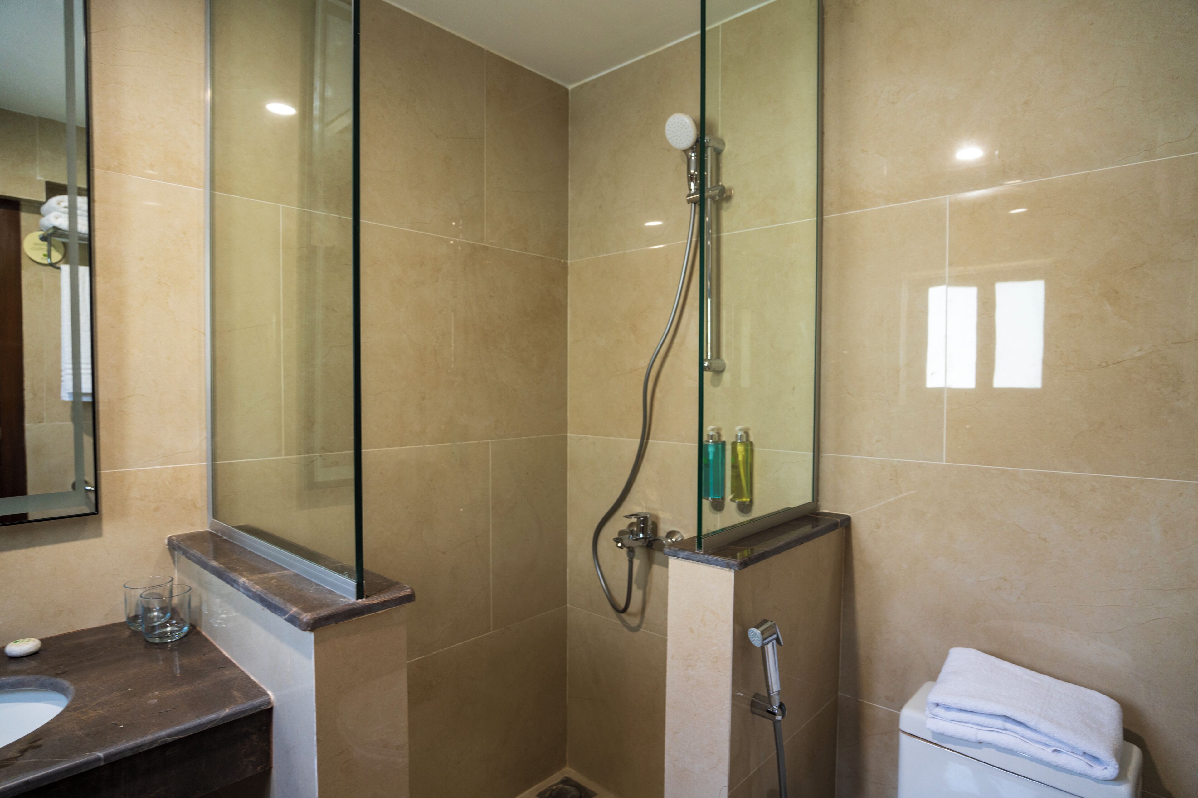 A bathroom with a glass-enclosed shower, a sink, and a mirror.