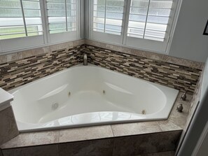 Jetted tub, hair dryer, bidet, towels