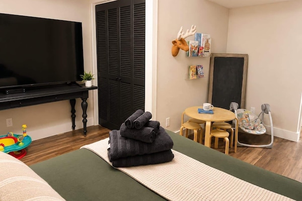 Huge family bedroom with TV, toys, crib, bassinet, and baby swing