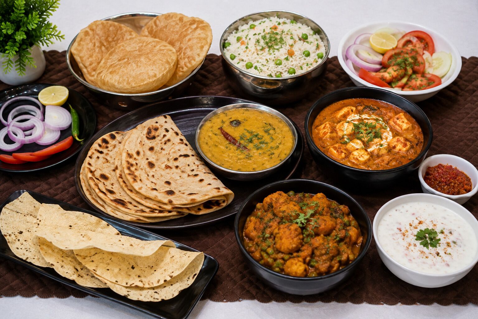 A variety of Indian dishes including flatbreads, rice, and curries, arranged on a table.