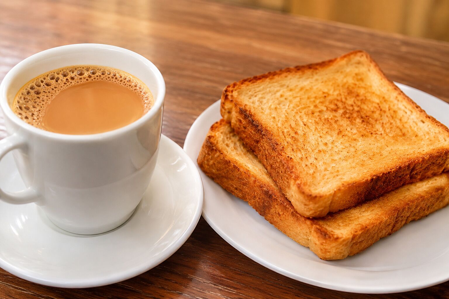 A cup of coffee and two slices of toasted bread on a white plate.