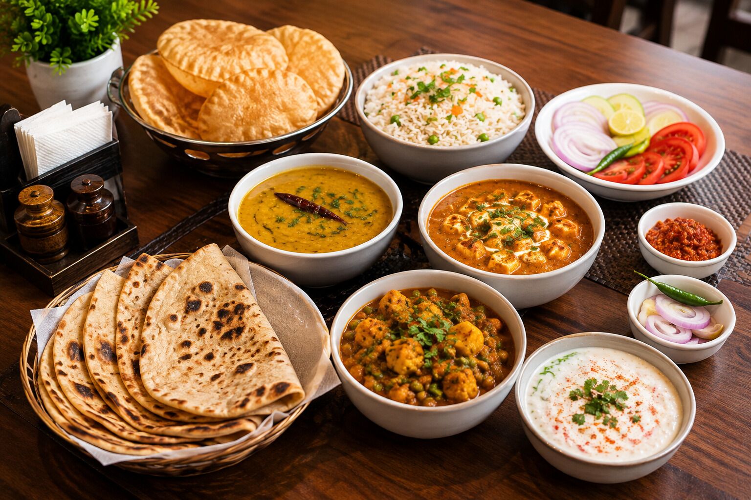 A variety of Indian dishes including flatbreads, rice, and curries, arranged on a wooden table.