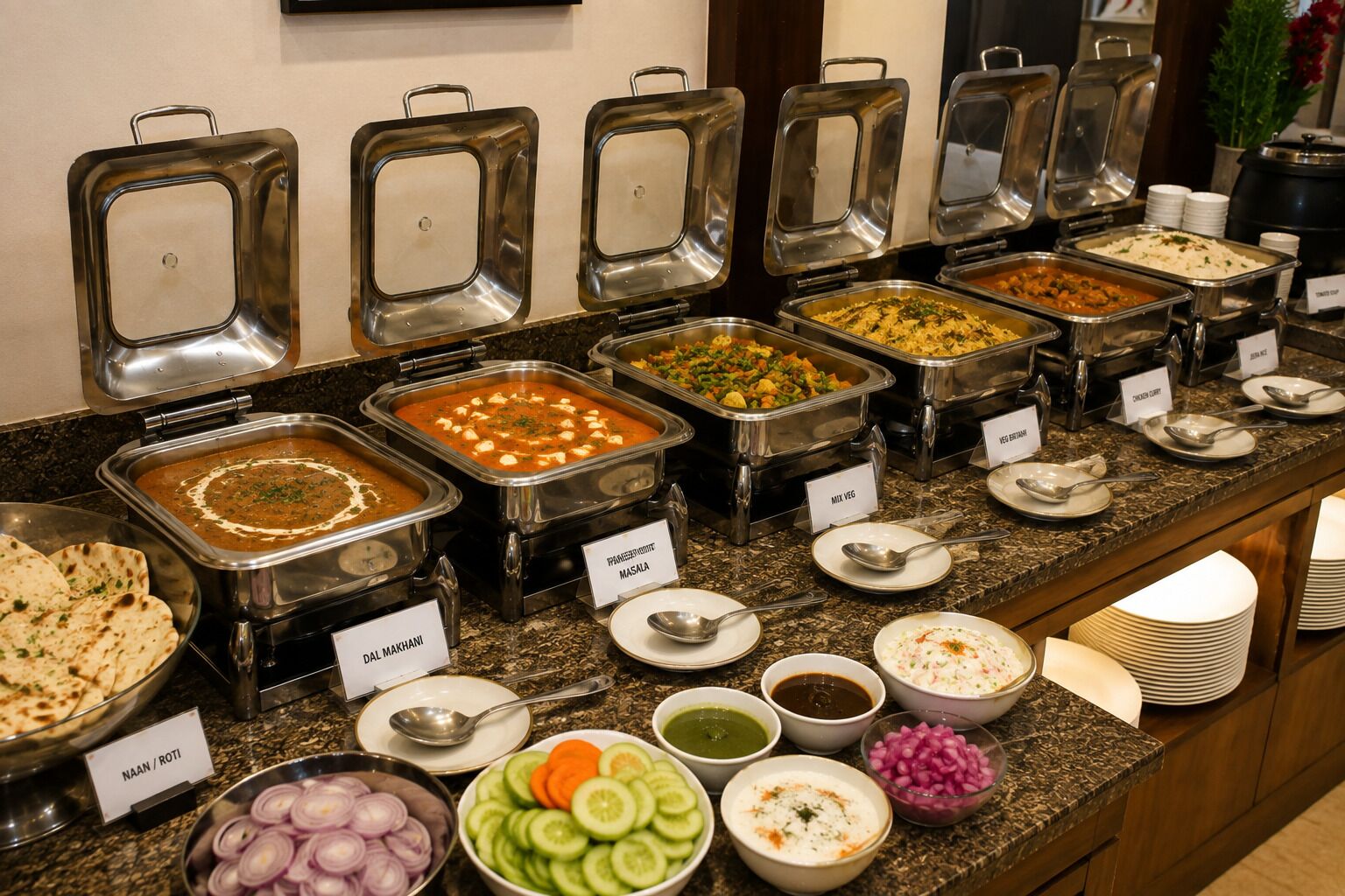 Ein reichhaltiges Buffet mit verschiedenen gekennzeichneten Gerichten, darunter Dal Makhani, Paneer Tikka Masala und Gemüseoptionen.