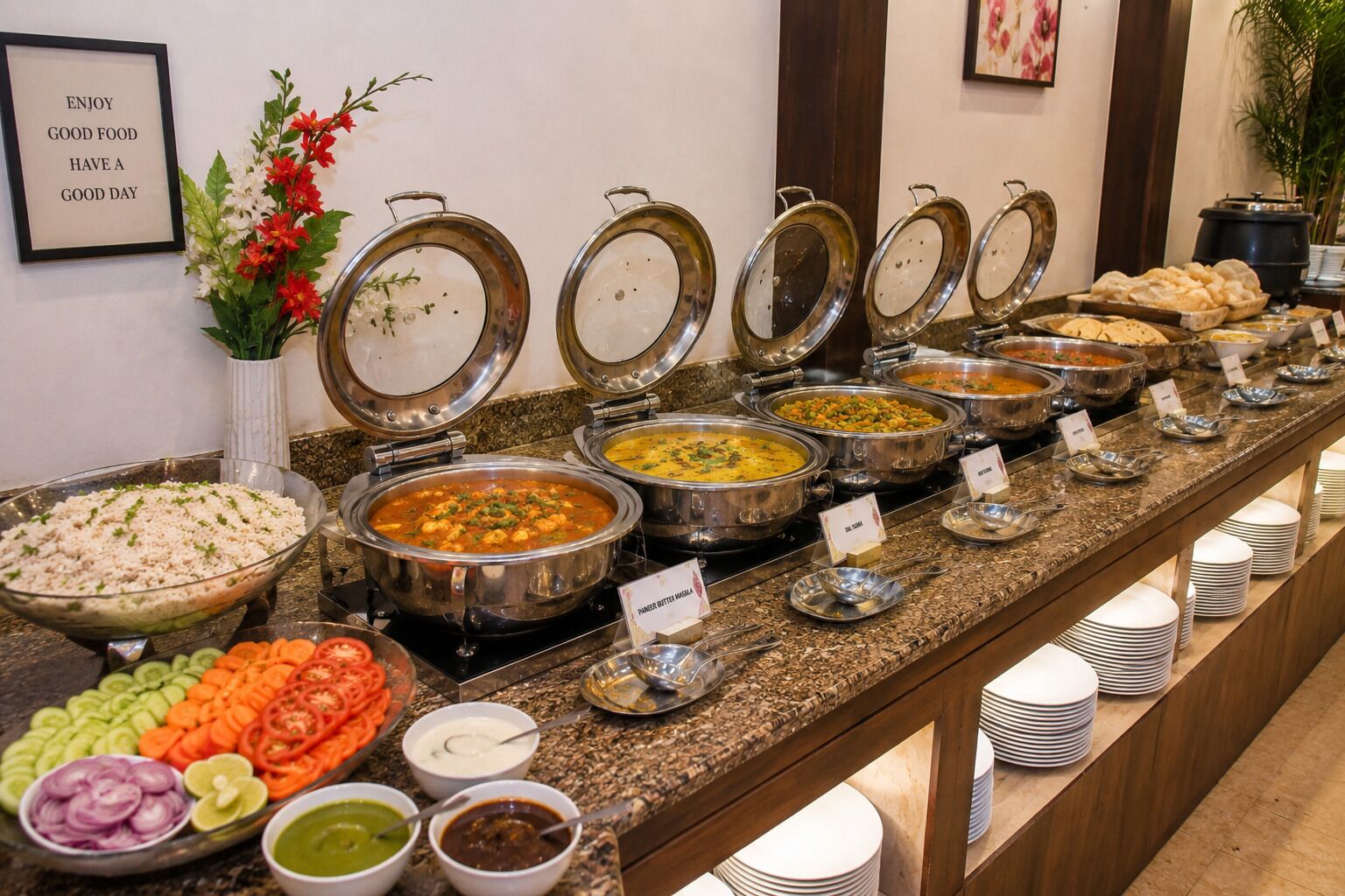 A buffet with various dishes and condiments.