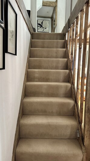 A carpeted staircase with wooden railings, leading to an upper floor.