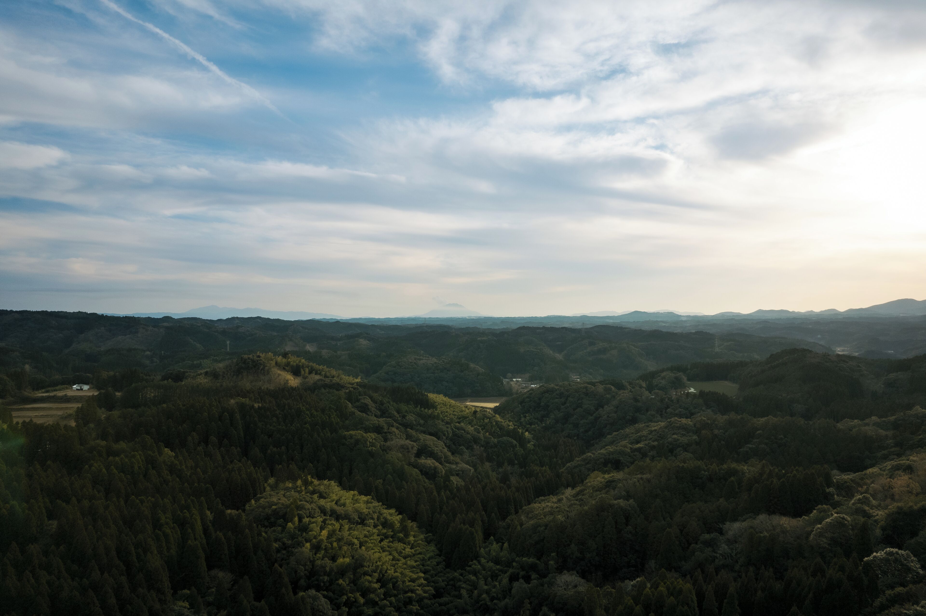 A panoramic view of a forested valley with distant hills and a clear sky.