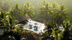 Outdoor pool, pool umbrellas, pool loungers