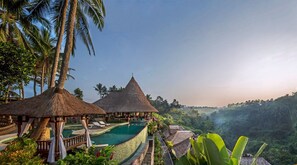 Outdoor pool, pool umbrellas, pool loungers