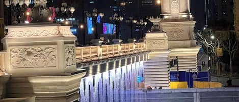 A nighttime cityscape with illuminated buildings, a fountain, and a statue.