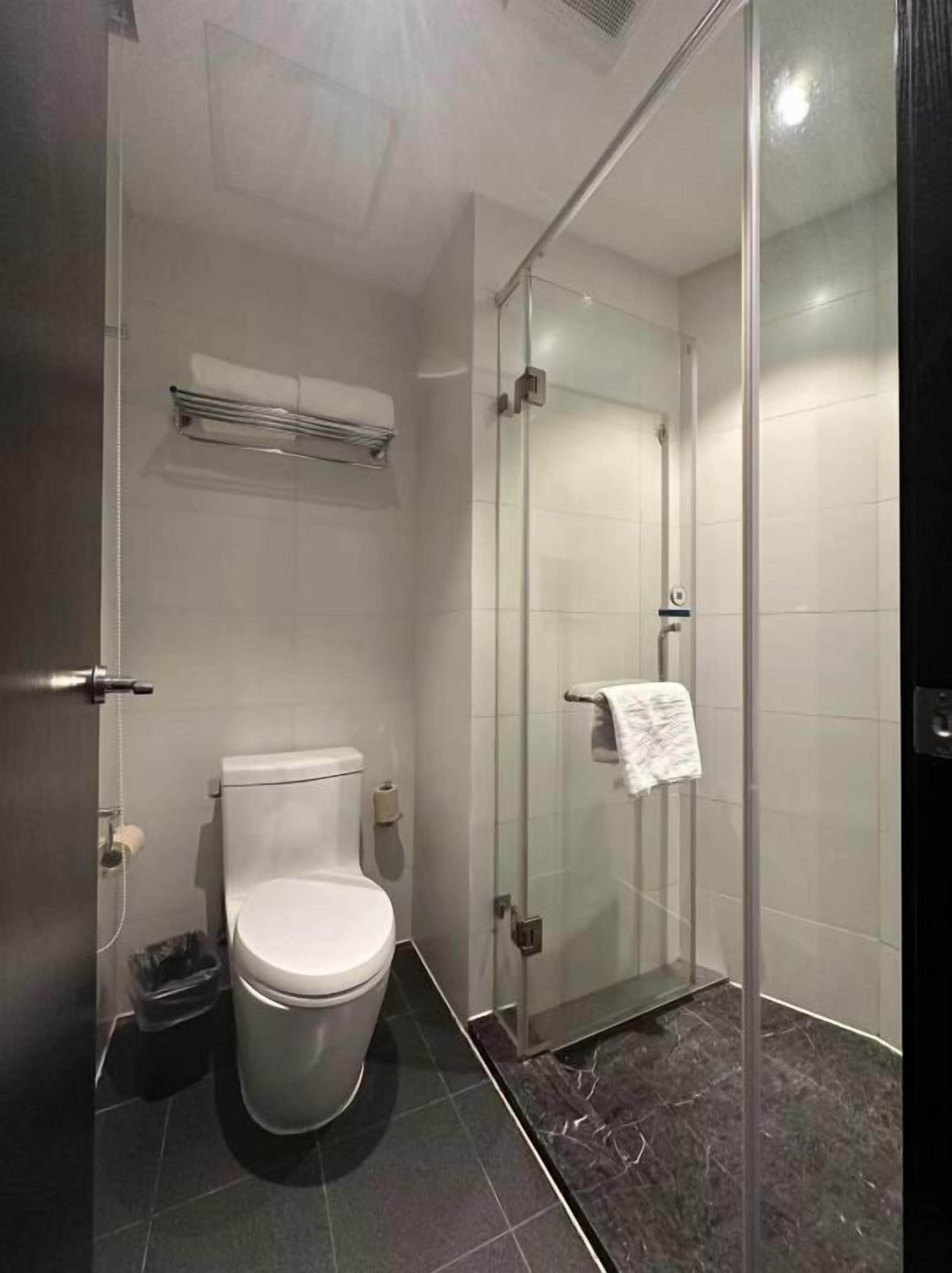 A modern bathroom with a toilet, a glass shower enclosure, and a towel rack.