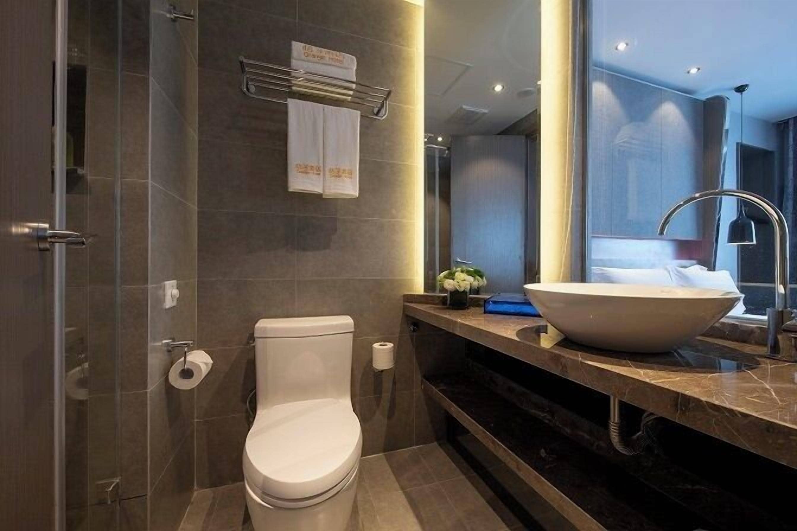 A modern bathroom with a toilet, a large sink, and a shower area.