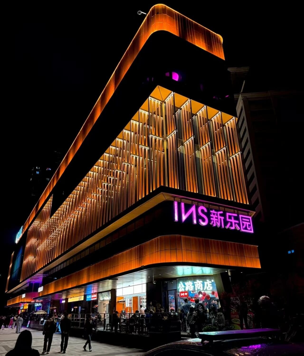 A modern building with a prominent sign reading 'INS 新乐园'.