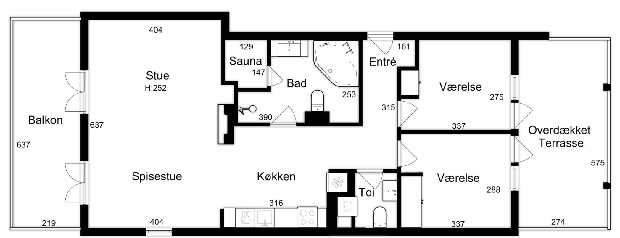A hotel floor plan with a balcony, spa, kitchen, and ensuite bathroom.