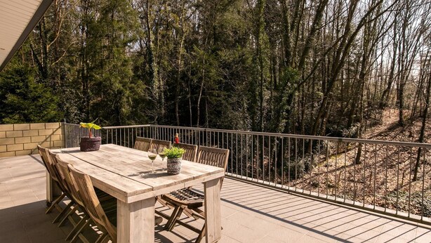 A wooden table with chairs and a potted plant on a balcony with a metal railing, overlooking a forested area.