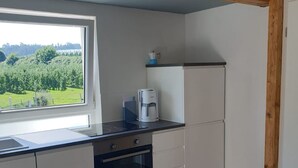 Una cocina con horno empotrado, cafetera en la encimera y ventana con vistas a un paisaje verde.
