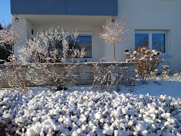A modern building with a blue facade, a stone wall, and snow-covered plants. - Apartment Flora – Idyllic Retreat with Private Terrace in Wahlwies (Stockach)