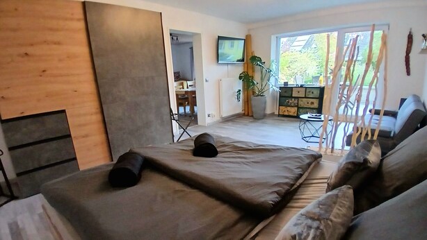 Een kamer met een bed, een televisie, een plant en uitzicht op het omliggende landschap.