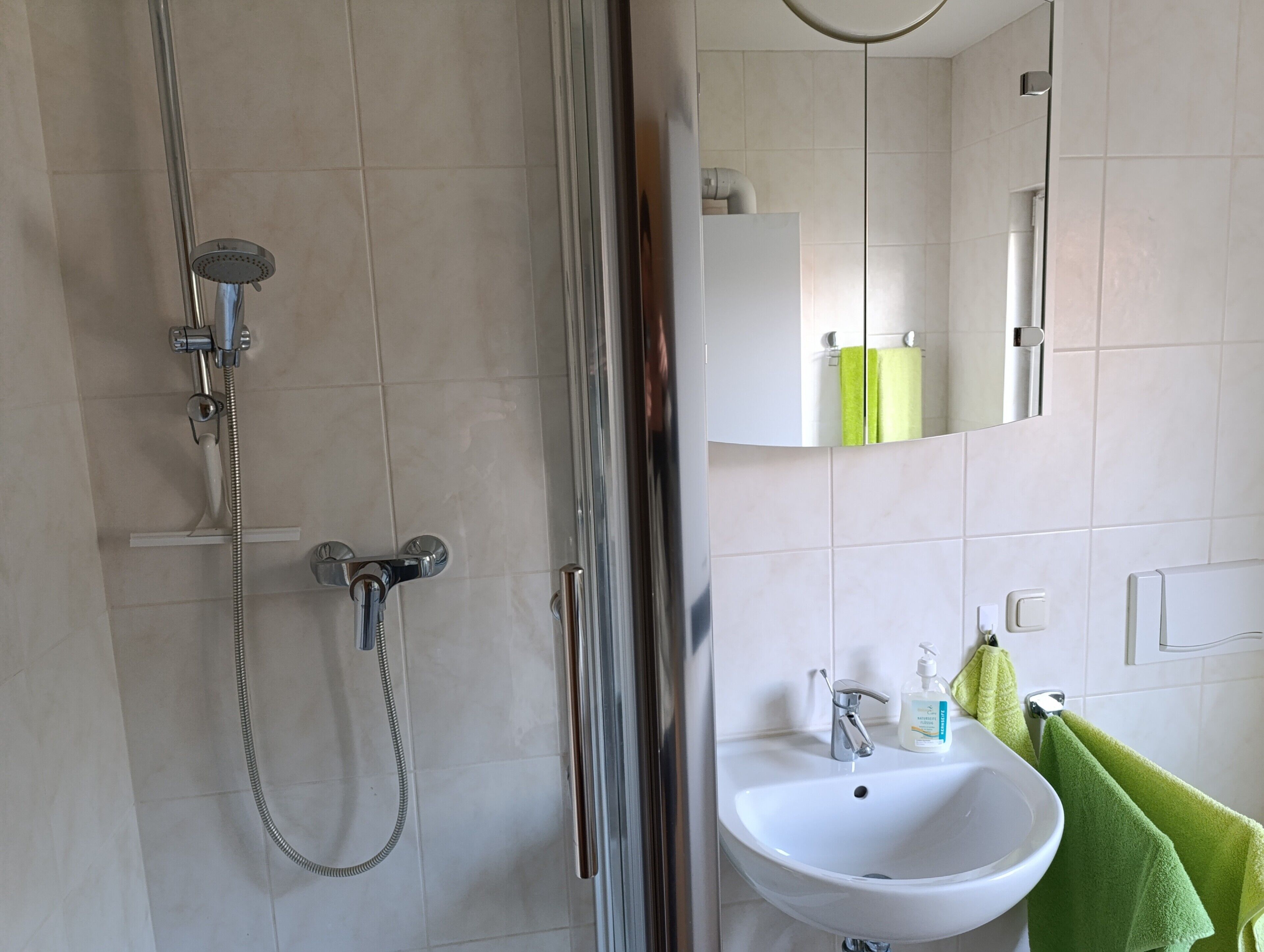 Une salle de bain équipée d’une douche, d’un lavabo, d’un miroir et d’un porte-serviettes.