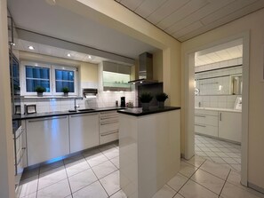 Fridge, microwave, oven, stovetop - Holiday Apartment 'Bergblick - Absolute Ruhe' with Mountain View, Private Terrace and Wi-Fi (Scheidegg)