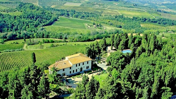 A large, white building with a tiled roof surrounded by lush green vineyards and rolling hills. - Cottage in Tuscany with Pool & BBQ (San Casciano in Val di Pesa)