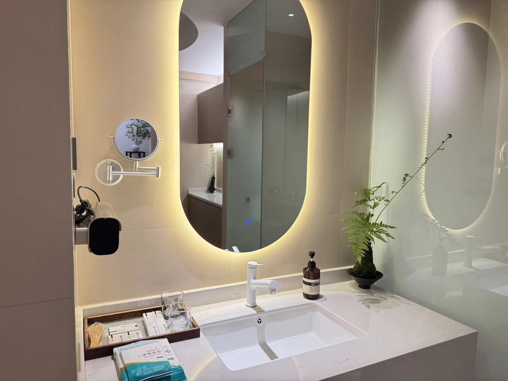 A modern bathroom with a large mirror, a sink, and a potted plant.