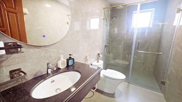 Une salle de bain avec un lavabo en marbre, des toilettes, une cabine de douche en verre et un grand miroir.