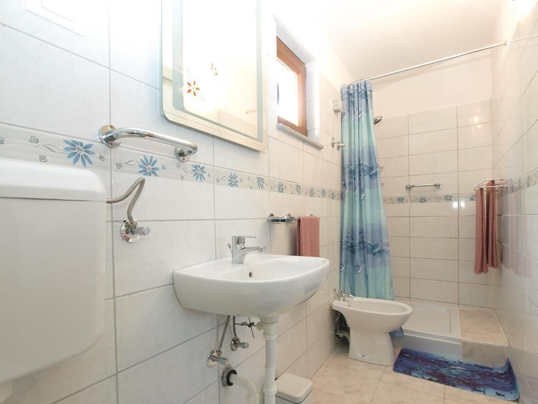 A bathroom with a sink, bidet, and shower.