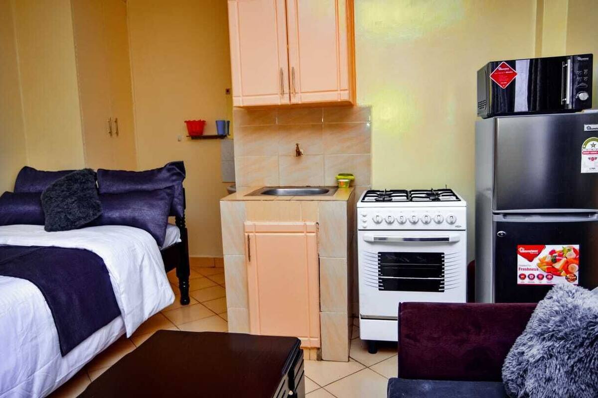 A compact hotel room with a bed, a small kitchenette including a stove and refrigerator, and a compact sink.