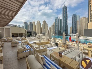 Eine Dachterrasse mit Sitzgelegenheiten im Freien und einem Pool, umgeben von Hochhäusern.