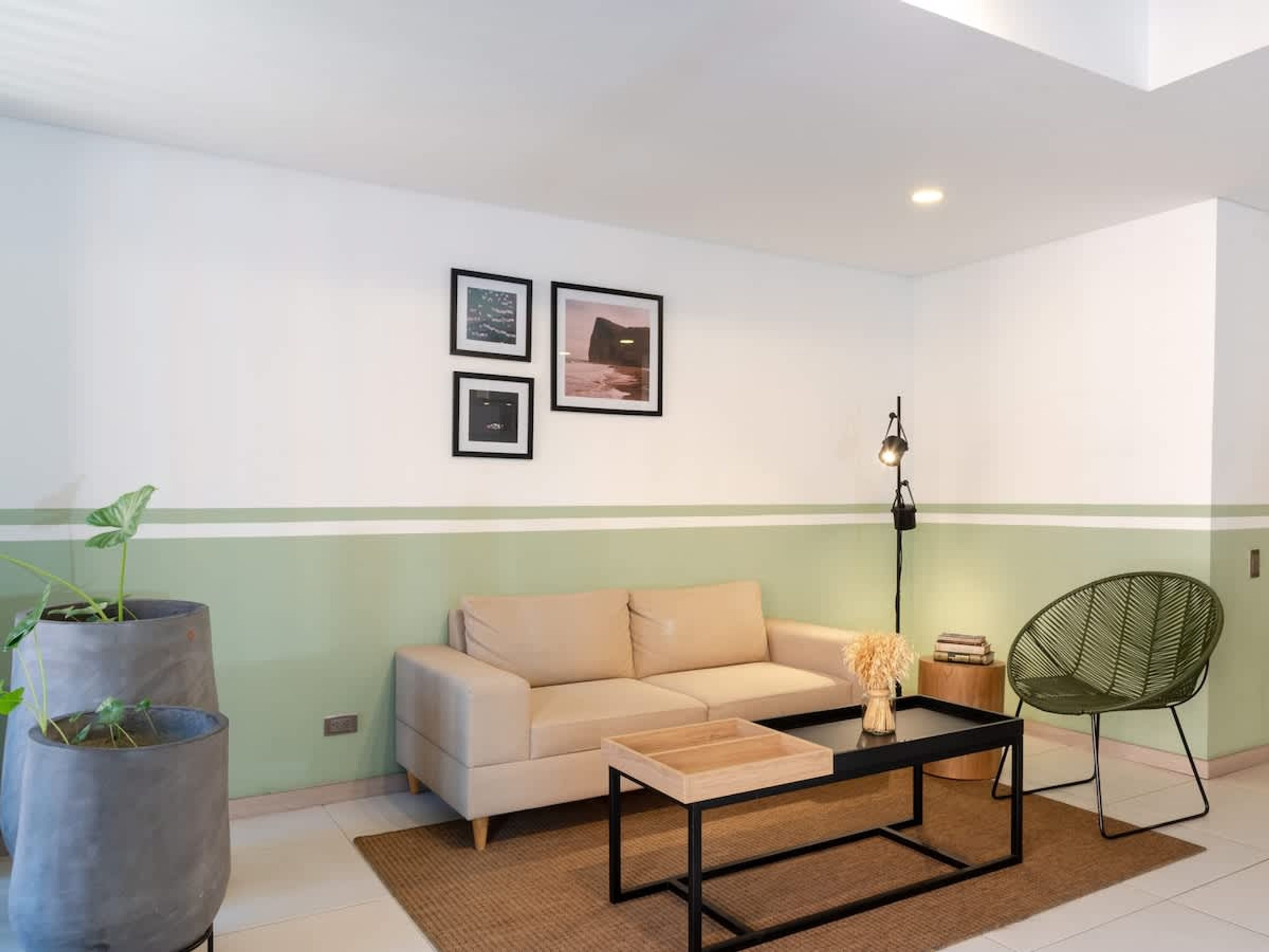 Un salon comprenant un canapé, une table basse, un lampadaire et deux plantes en pot.