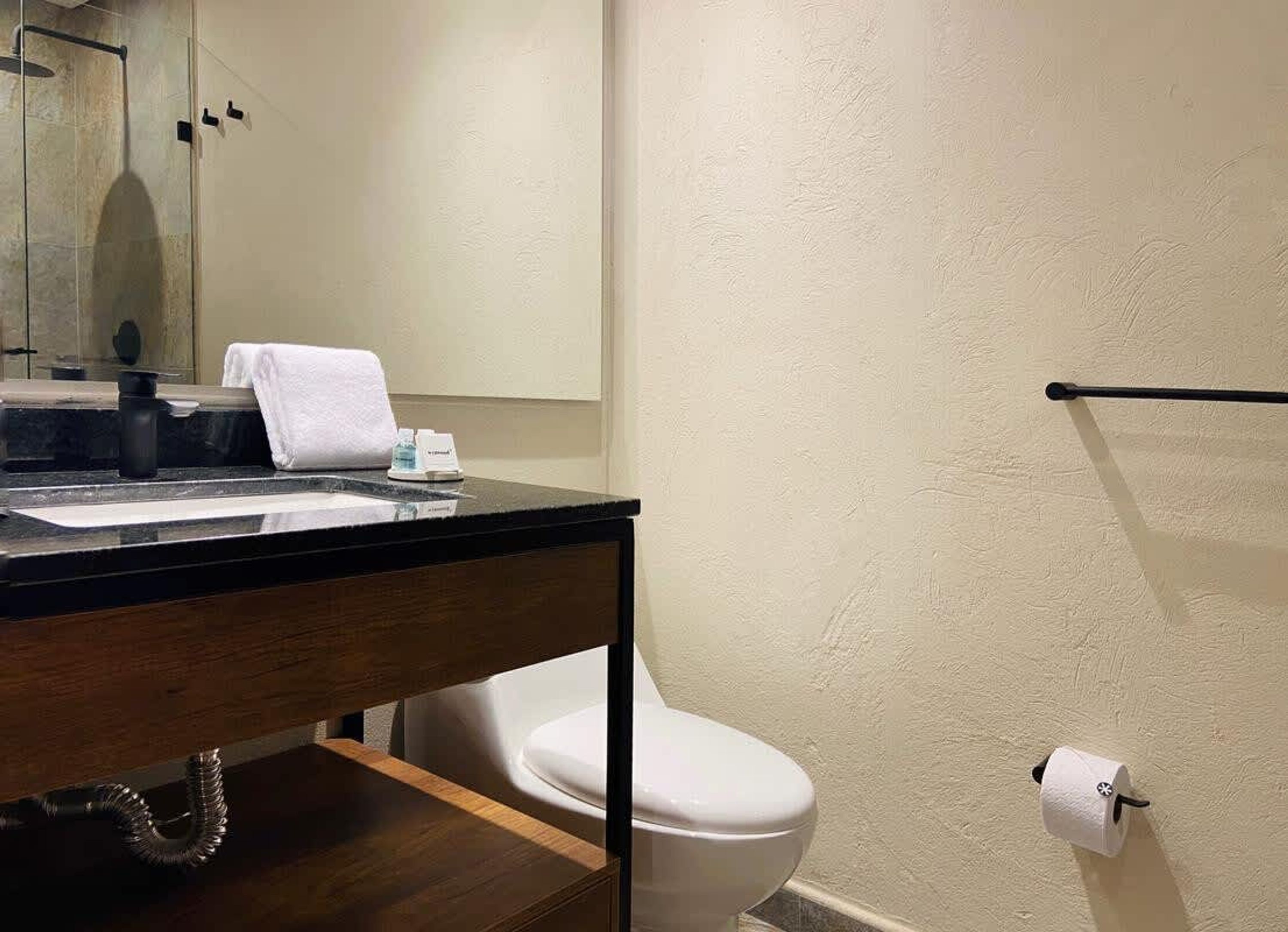 A bathroom with a sink, mirror, toilet, and towel rack.