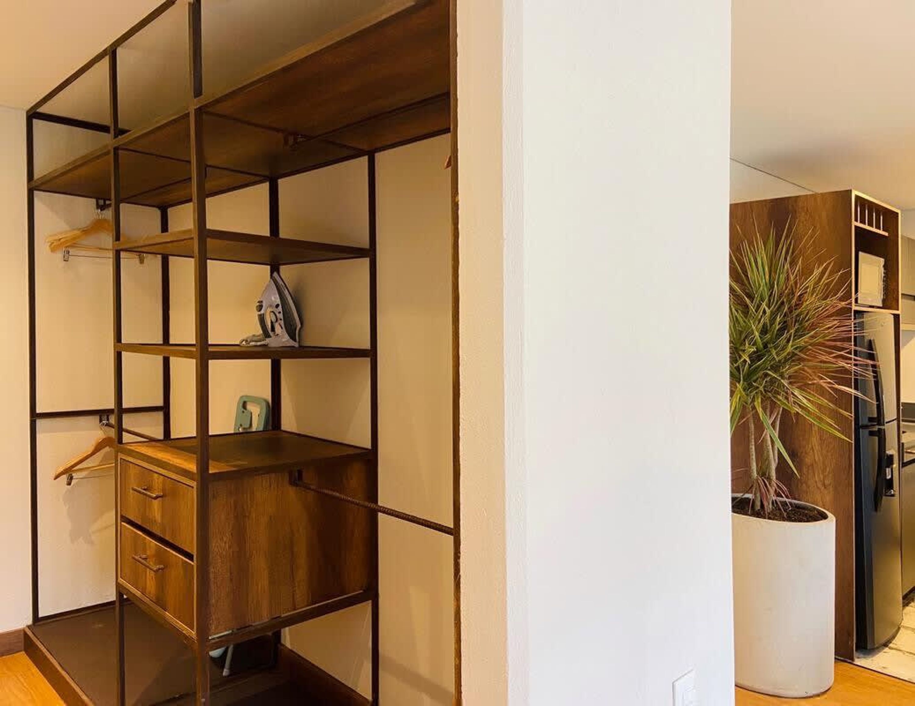 A modern kitchen with a built-in wooden cabinet and a potted plant.