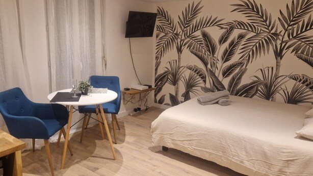 A bedroom with a bed, a desk with a chair, a small table with a plant, and a wall-mounted TV. - Balnéo Rouen center (Rouen)