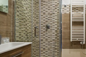 Shower, hair dryer, bidet, towels