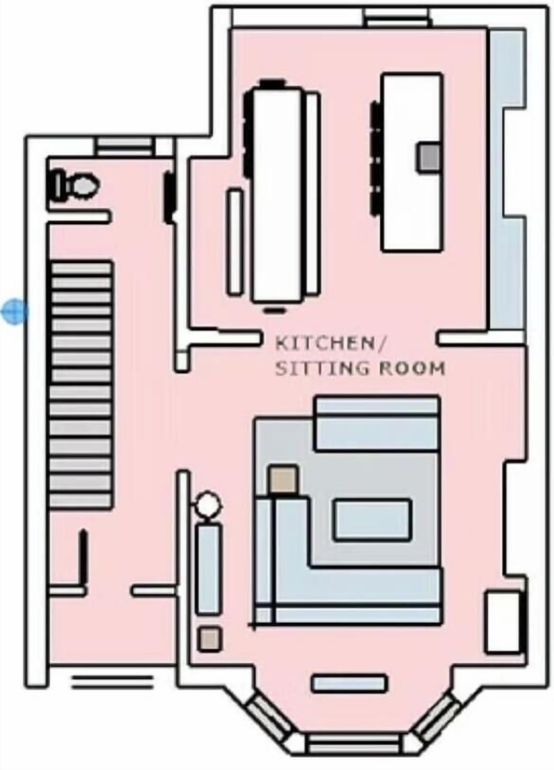 A floor plan with a kitchen and sitting room area, a door, and a window.