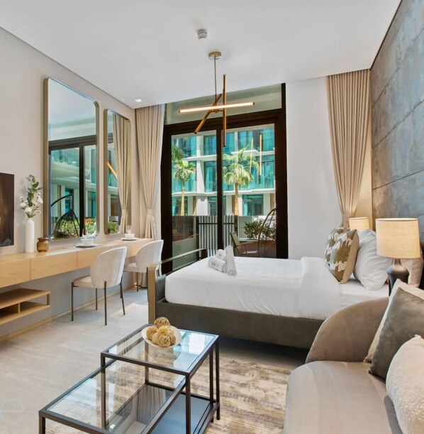 1 bedroom, desk, iron/ironing board, travel cot