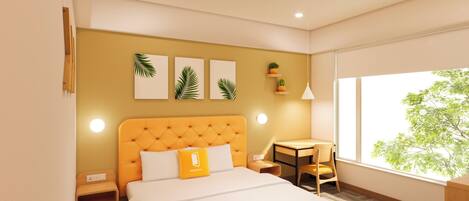 Una habitación de hotel moderna con una cama grande, una mesita pequeña y una silla. Hay luces empotradas en la pared, una ventana con vista a árboles y una pared decorada con cuadros.