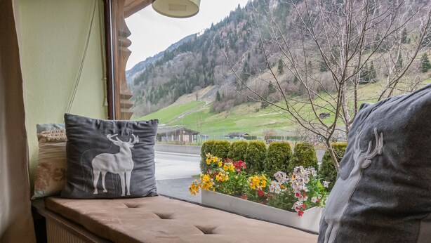 Asiento junto a la ventana con un cojín de diseño de ciervo, una caja de flores con flores coloridas y vistas a un paisaje verde con colinas.
