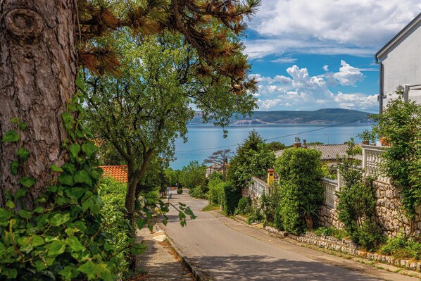 Una strada costiera con vista sul mare e sulle montagne.